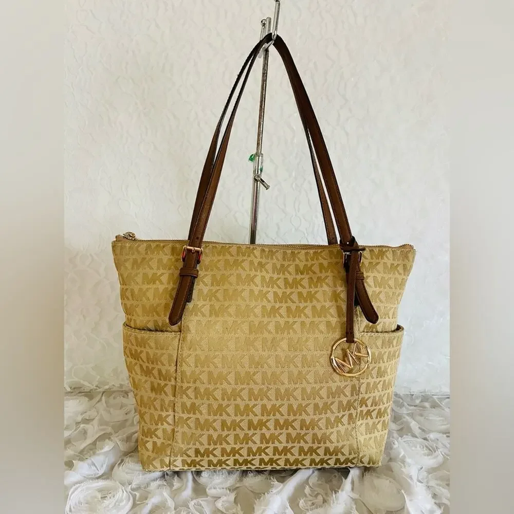 MICHAEL KORS gold Voyager canvas leather tote shoulder bag